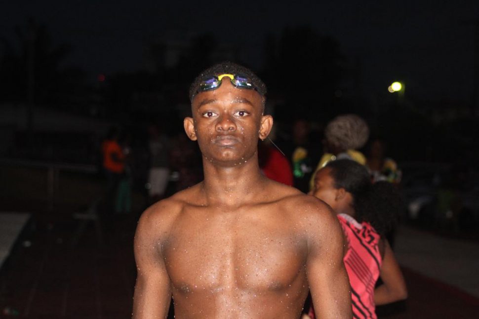 Leon Seaton Jr. of Silver Shark after completing his win the boy’s 13-14 50M freestyle event on Sunday. (Royston Alkins photo)