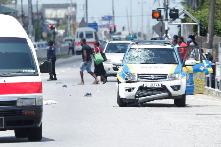 The police vehicle which struck and killed Michael Barry along the Priority Bus Route, Barataria, yesterday.
