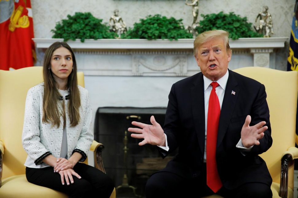 U.S. President Donald Trump meets with Fabiana Rosales, wife of Venezuelan opposition leader Juan Guaido, in the Oval Office at the White House in Washington, U.S., March 27, 2019. REUTERS/Carlos Barria