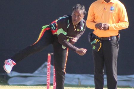  Sheneta Grimmond during her fine bowling spell for Guyana (Royston Alkins photo) 
