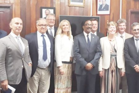  Attorney General Basil Williams (at centre) with the European Union (EU) Ambassadors shortly after a meeting at the Attorney General’s Chambers ended. (Zoisa Fraser photo)