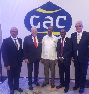 Left: Managing Director of GAC Trinidad & Tobago Gobind Kukreja, Executive Chairman of GAC Bjorn Engblom, Chairman of the GNSC Lance Carberry, Managing Director of GNSC Andrew Astwood, and Consultant of GAC Richard Mallen, at the launch of GAC’s local office on Friday at the Marriott Hotel.
