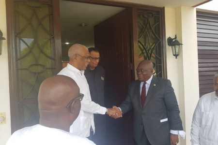 President David Granger is seen receiving President Nana Akufo-Addo (at right). (Guyana Embassy in Cuba photo)