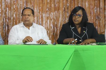 From left are Minister of Public Health Volda Lawrence, Prime Minister Moses Nagamootoo, Minister within the Ministry of Public Health Dr Karen Cummings and Permanent Secretary of the Ministry Collette Adams at the head table during the launch yesterday (Photo by Terrence Thompson)
