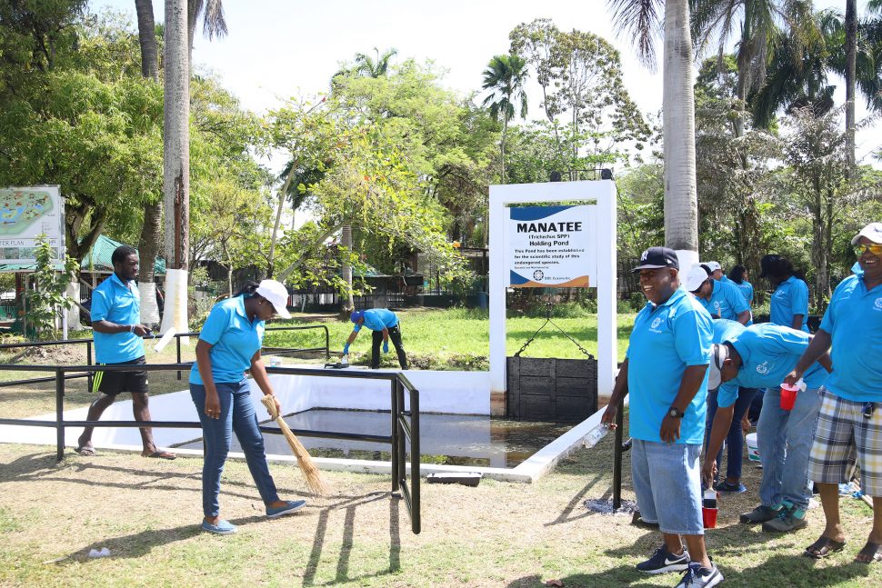 Despite the scorching sun, employees of Sol were very cheerful while cleaning around the manatee pond in the Botanical Gardens yesterday, in an annual exercise hosted by the Sol Guyana Inc. (Terrence Thompson photo)
