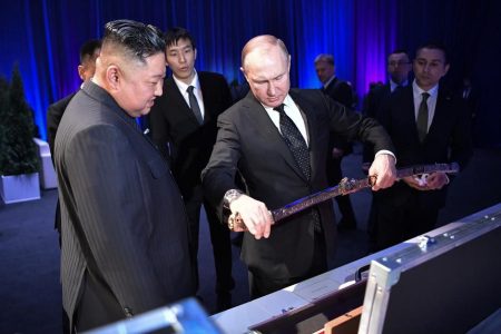 North Korea’s leader Kim Jong Un (L) presents a sword to Russia’s President Vladimir Putin following their talks in Vladivostok, Russia April 25, 2019. (Reuters photo)

