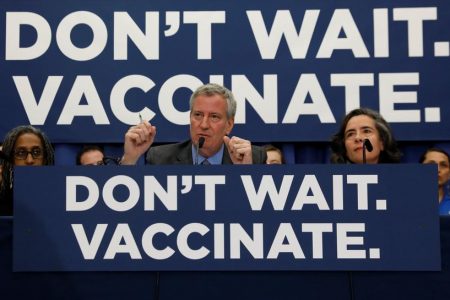 New York City Mayor Bill de Blasio speaks during a news conference declaring a public health emergency in parts of Brooklyn in response to a measles outbreak, requiring unvaccinated people living in the affected areas to get the vaccine or face fines, in the Orthodox Jewish community of the Williamsburg neighborhood, in Brooklyn, New York City, U.S., April 9, 2019. REUTERS/Shannon Stapleton