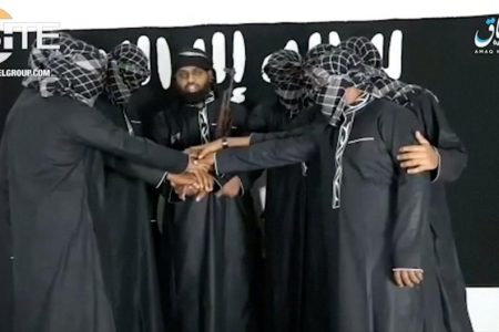 A group of men purported to be the the Sri Lanka bomb attackers is seen at an unknown location in this still image taken from video uploaded by the Islamic State's AMAQ news agency April 23, 2019 and received by Reuters via SITE Intel Group. Video uploaded April 23, 2019. AMAQ via SITE INTEL GROUP/Handout via REUTERS TV