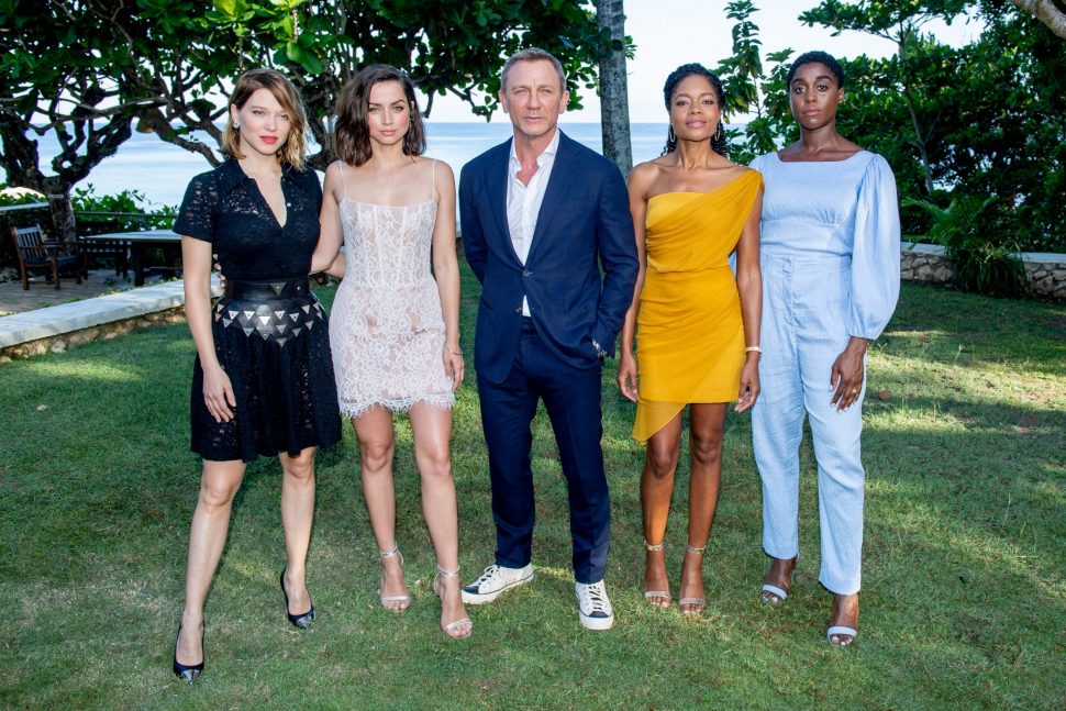 Actress Lea Seydoux, from left, director Cary Joji Fukunaga, actors Ana de Armas, Daniel Craig, Naomie Harris and Lashana Lynch pose for photographers during the photo call of the latest installment of the James Bond film franchise, currently known as 'Bond 25', in Oracabessa, Jamaica, Thursday, April 25, 2019.