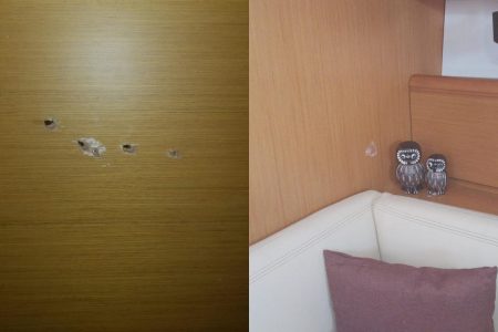 Bullet holes in the Trinidad & Tobago registered yacht, Sylph, following an attack by Venezuelans on Sunday.