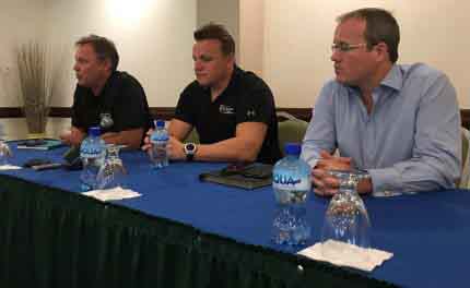 (From left to right) Caribbean Premier League chief operating oficer, Pete Russell; CPL chief executive, Damien O’Donohoe and Cricket West Indies chief executive, Jonny Grave at yesterday’s media conference. 