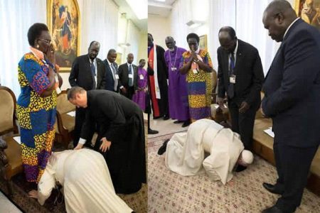 Pope kisses feet of South Sudan leaders, urges them to maintain peace