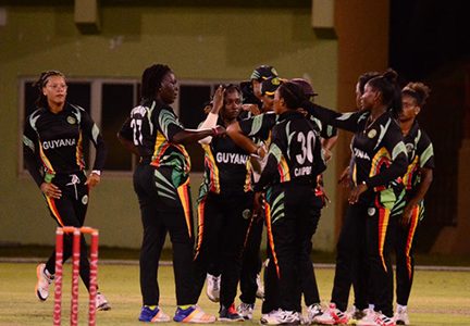 Guyana celebrates the wicket of Qiana Joseph who was bowled by Akaze Thompson.