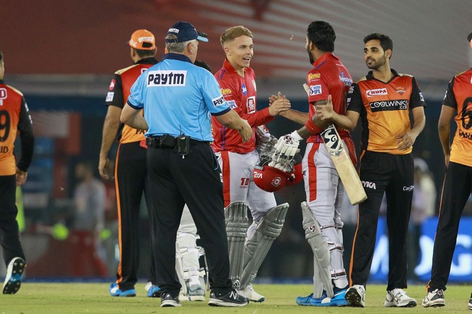K. L. Rahul of KXIP and Sam Curran of KXIP after their team won match 22 of the Vivo Indian Premier League Season 12  against the Sunrisers Hyderabad yesterday at the IS Bindra Stadium, Mohali. Photo by: Rahul Gulati /SPORTZPICS for BCCI.
