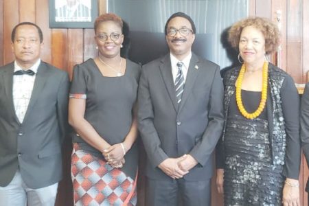 In photo from left to right are JoAnn Bond, Deputy Chief Parliamentary Counsel; Jeremy Stanislas, Member of the French Guiana Bar Association; Travise Tracey-Lecante, Honorary Consul of Guyana in French Guiana; Basil Williams, SC, MP, Attorney General and Minister of Legal Affairs; Lucie Louze –Donzenac, Head of Delegation, former President of the French Guiana Bar Association and Marcel Alex Leblanc, Member of the French Guiana Bar Association.  (MoLA photo)
