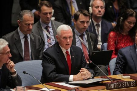 U.S. Vice President Mike Pence addresses the United Nations Security Council at UN headquarters in New York on April 10, 2019.
BRENDAN MCDERMID/Reuters
