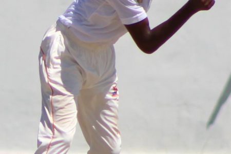 Man-of-the-match Jonathan Rampersaud scored 41 not-out and nabbed 4-17 to guide Berbice past the select under – 15s (Royston Alkins photo) 
