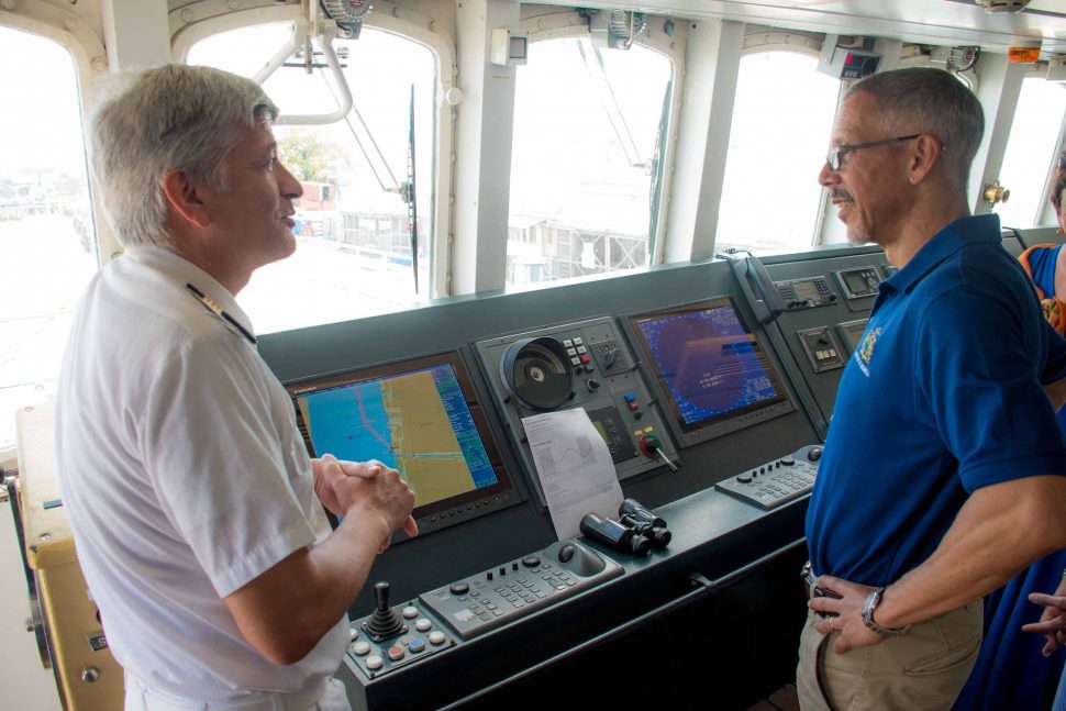 Captain Erik Juranovic (left) chats with Minister of Business Dominic Gaskin (DPI photo)
