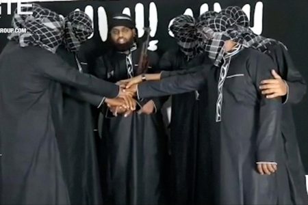 A group of men purported to be the the Sri Lanka bomb attackers is seen at an unknown location in this still image taken from video uploaded by the Islamic State’s AMAQ news agency April 23, 2019 and received by Reuters via SITE Intel Group. Video uploaded April 23, 2019. AMAQ via SITE INTEL GROUP/Handout via REUTERS TV