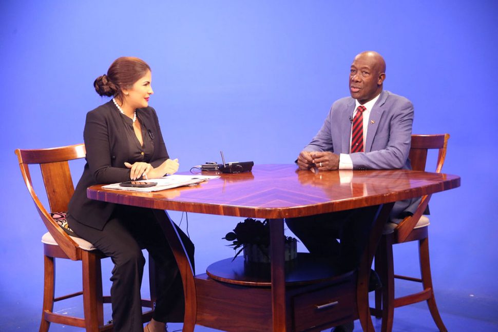 CNC3 Morning Brew host Hema Ramkissoon during an interview with the Prime Minister Dr Keith Rowley on Monday.