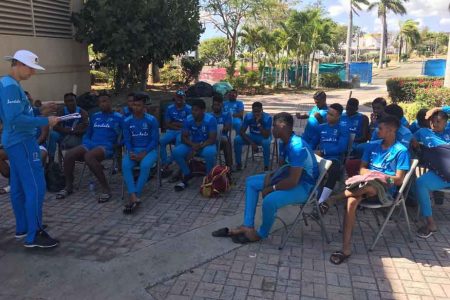 Members of the West Indies Under19 team pay rapt attention to coach Graeme West during a recent training camp in Antigua. The players are preparing for the  2020 World Cup in South Africa.
