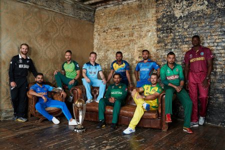 The 10 Cricket World Cup skippers pose following the official captain’s media launch of the 2019 tournament in east London yesterday. From left are New Zealand’s Kane Williamson, India’s Virat Kohli, South Africa’s Faf du Plessis, England’s Eoin Morgan, Pakistan’s Sarfaraz Ahmed, Sri Lanka’s Dimuth Karunaratne, Afghanistan’s Gulbadin Naib, Australia’s Aaron Finch, Bangladesh’s Mashrafe Mortaza, and West Indies’ Jason Holder. (ICC photo)
