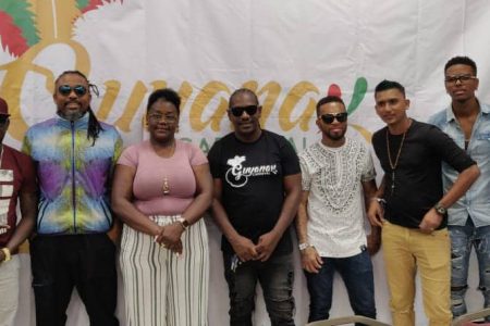 The lineup for last night’s ‘Wet Wednesday’, along with Guyana Carnival organisers and Minister Simona Broomes at the Press Conference on Tuesday. From left are: Lil Rick, Jumo Primo, Machel Montano, Minister Simona Broomes, Kerwin Bollers, Adrian Dutchin, Steven Ramphal, DJ Puffy and Guyana Carnival Chairman Bobby Vieira. 