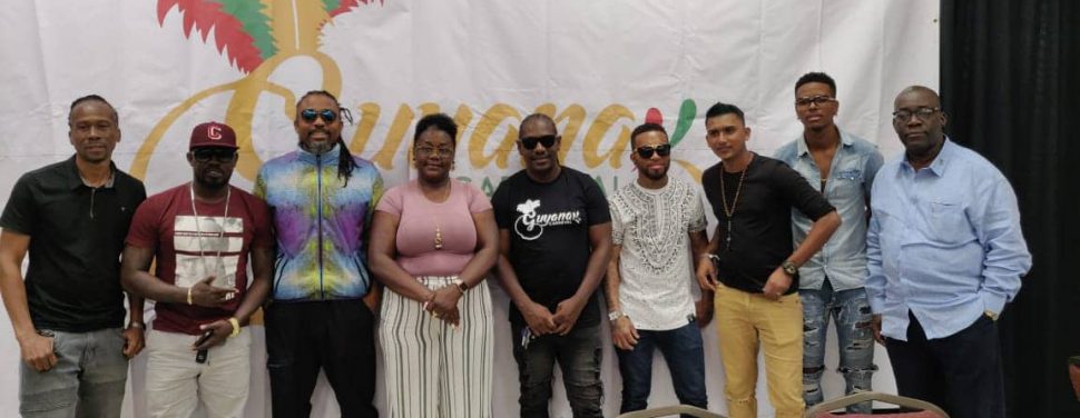 The lineup for last night’s ‘Wet Wednesday’, along with Guyana Carnival organisers and Minister Simona Broomes at the Press Conference on Tuesday. From left are: Lil Rick, Jumo Primo, Machel Montano, Minister Simona Broomes, Kerwin Bollers, Adrian Dutchin, Steven Ramphal, DJ Puffy and Guyana Carnival Chairman Bobby Vieira. 