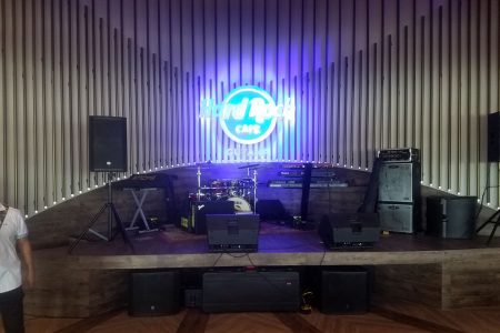 The Hard Rock Café stage already set up to accommodate live bands. 