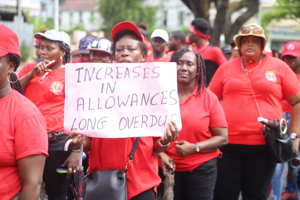 One of the few placards which were displayed during this year’s May Day Rally. The Guyana Public Service Union (GPSU) has since 2015 been attempting to negotiate an increase in allowances for public servants but these attempts have been resisted by government which has not raised allowances in more than 20 years. 