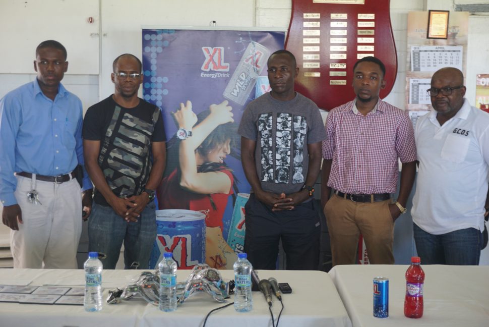 Kenyan athlete Godfrey Mbihia (centre) with (from left) GCOS members Clive Atwell and Linden ‘Jumbie’ Jones as well as Marketing Coordinator of Guybisco, Colis Venture, and race coordinator, Leslie Blacks, at the launch of the Rising Stars Independence 5K event yesterday.

