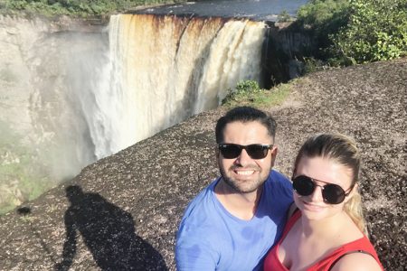 Kelsi De Abreu Babin and her husband, Ahmed Saab, during their tour of the Kaieteur Falls 