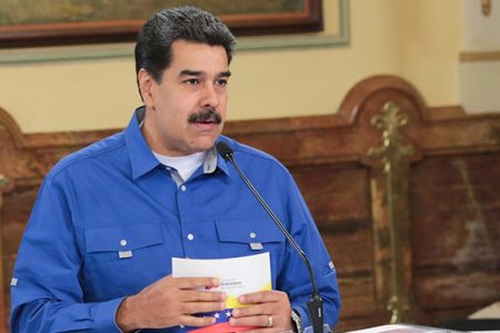 Venezuela’s President Nicolas Maduro speaks during a meeting with members of the government at the Miraflores Palace in Caracas, Venezuela May 15, 2019. Miraflores Palace/Handout via REUTERS