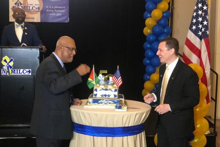 The National Milling Company of Guyana Inc. (NAMILCO) last night celebrated its 50th anniversary at the Marriott Hotel. In photo, the Managing Director Roopnarine (Bert) Sukhai (left) can be seen cutting the company’s anniversary cake along with United States Embassy Deputy Chief of Mission, Terry Steers-Gonzalez. 