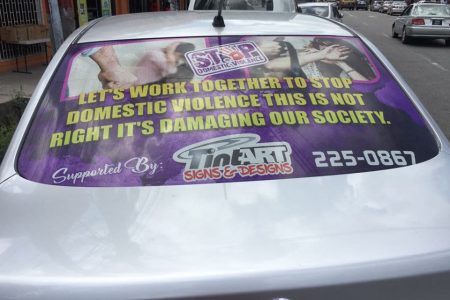 The graphic design which was placed at the back of Randy Shephard’s car as he embarks on a campaign to reduce domestic violence rates.