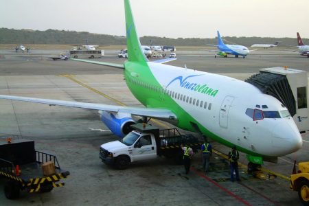 An aircraft that is part of the Venezolana Airlines fleet.