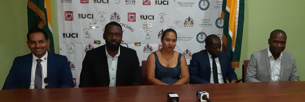  (l-r) Head of Guyana Tourism Authority, Mitra Ramkumar, Director of Sport, Christopher Jones, Secretary of the Guyana Cycling Federation, Maria Leung, President of the Guyana Cycling Federation, Horace Burrowes and Mayor of Bartica, Glenford Marshall at yesterday’s press conference.