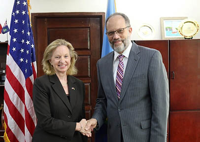 CARICOM Secretary-General Ambassador Irwin LaRocque (right) greets new US Ambassador to CARICOM, Sarah-Ann Lynch, at the Secretariat Headquarters in Georgetown, Guyana, Tuesday. (CARICOM photo)
