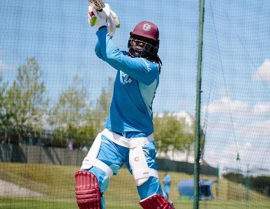 Veteran opener Chris Gayle hits out during a net session ahead of Friday’s opener against Pakistan. 