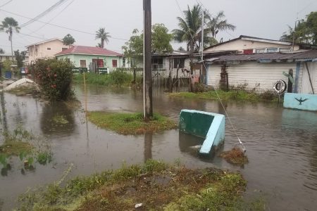 Overflowing drains and the street covered with water in East Ruimveldt yesterday.