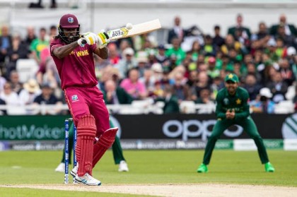 Left-handed opener Chris Gayle pulls during his 50 against Pakistan on Friday.