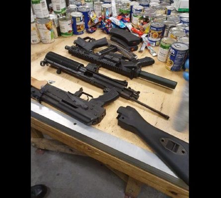 High-powered guns which were found on the Port of Port of Spain yesterday.