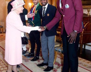 West Indies captain Jason Holder meets the Queen at Buckingham Palace yesterday. 