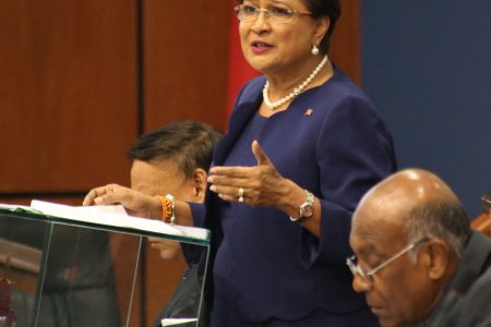 Opposition Leader Kamla Persad-Bissessar responds to the Mid-Year Budget Review during yesterday’s sitting of Parliament.