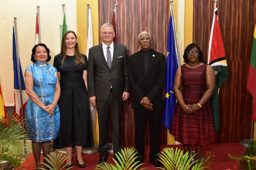 President David Granger (second from right) along with (from left to right) First Lady,  Sandra Granger; wife of the Ambassador of the EU to Guyana Ruth Drizyte-Videtic; Ambassador of the EU to Guyana  Jernej Videtic and new Minister of Foreign Affairs Dr. Karen Cummings at the Pegasus Hotel yesterday. The occasion was the annual Europe Day observance. (Ministry of the Presidency photo)
