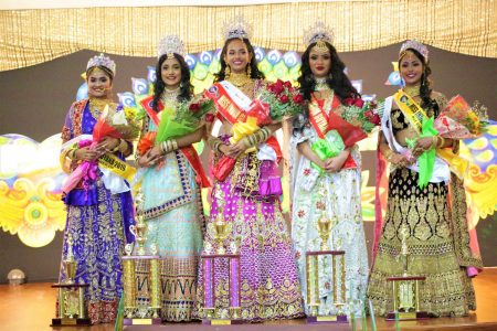 From left, Sharona Haniff (2nd runnerup), Miss Teen India Guyana 2019 Amisha Sarjoo, Miss India Guyana 2019 Rashena Hanif, Mrs. India Guyana 2019 Kristla Inshan and Sandeka Rampersaud (1st runnerup).