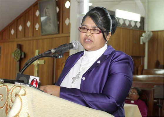 Rev Joy Abdul-Mohan speaking at the Presbyterian Board of Women 90th Anniversary Conference at the Susamachar Presbyterian Church, San Fernando.