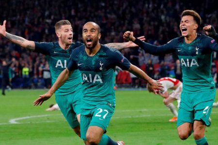 Tottenham’s Lucas Moura celebrates their third goal which completed his hat trick and sent his team through to the Champions League final. (Reuters photo)

