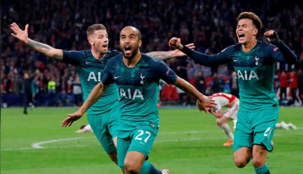 Tottenham’s Lucas Moura celebrates their third goal which completed his hat trick and sent his team through to the Champions League final. (Reuters photo)
