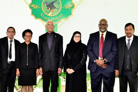 President David Granger (third from left) with the five new Senior Counsel at State House yesterday. From left are  Rajendra Nath Poonai,  Carole James-Boston,  Shalimar Ali-Hack,  Stephen Fraser and Robert Ramcharran. (Ministry of the Presidency photo)
